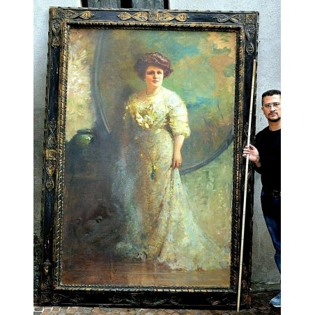 ANTICO ENORME QUADRO MUSEALE OLIO TELA Giuseppe Palanti DONNA NOBILE PRIMI '900