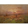 Dipinto firmato L. POLLI, gregge tramonto, olio tavola