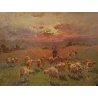 Dipinto firmato L. POLLI, gregge tramonto, olio tavola