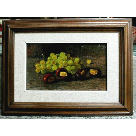 ANTICO QUADRO OLIO TAVOLA Dario Piazza  NATURA MORTA FRUTTA CASTAGNE UVA '900