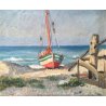 ANTICO DIPINTO BARCA SPIAGGIA MARINA MARE PAESAGGIO QUADRO OLIO TAVOLA EPOCA 900