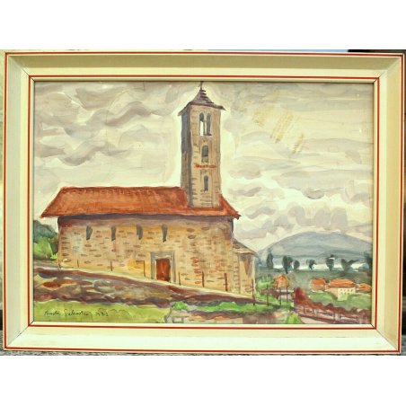 QUADRO ACQUERELLO CHIESA S. SEBASTIANO LESA 1972 LAGO MAGGIORE Nicola Sebastio  