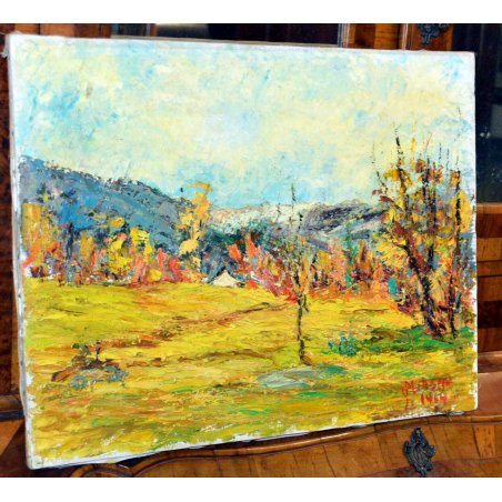 QUADRO OLIO TELA Mellerio Giovanni PAESAGGIO AUTUNNALE VALLE VIGEZZO 1969 ERBA  
