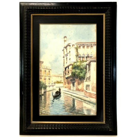 BELLISSIMO ANTICO QUADRO DIPINTO ACQUERELLO FIRMATO NORETTI PAESAGGIO VENEZIA 