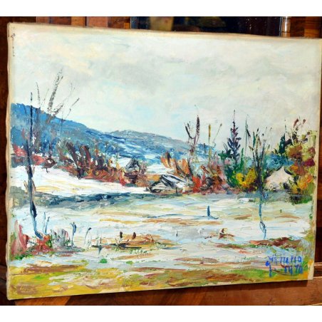 QUADRO OLIO TELA Mellerio Giovanni PAESAGGIO NEVICATA  VALLE VIGEZZO 1970 BAITA