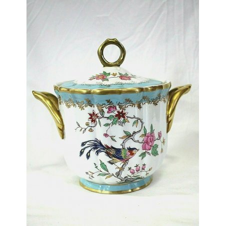 VASO COPERCHIO PORCELLANA Limoges BIANCO VERDE ACQUA FIORI UCCELLI metà XXsec