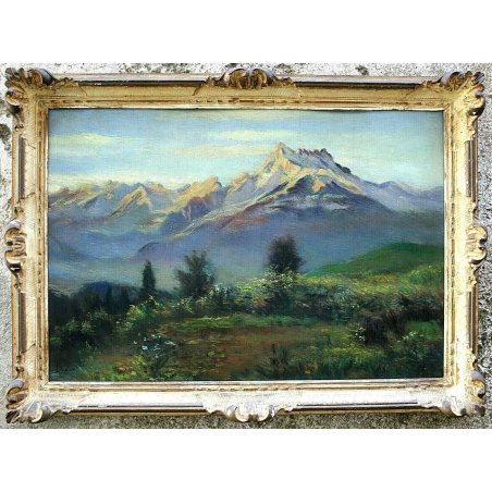 ANTICO DIPINTO G.Maldarelli OLIO TAVOLA PAESAGGIO ALBA MONTAGNE DOLOMITI NEVE 