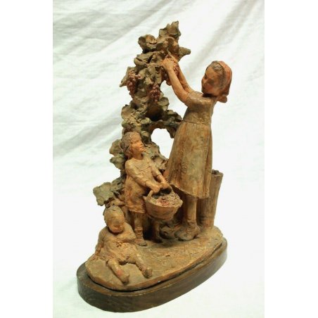 ANTICA SCULTURA GRUPPO TERRACOTTA D. Passani VENDEMMIA RACCOLTO UVA MADRE BIMBI