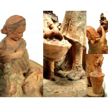 ANTICA SCULTURA GRUPPO TERRACOTTA D. Passani VENDEMMIA RACCOLTO UVA MADRE BIMBI