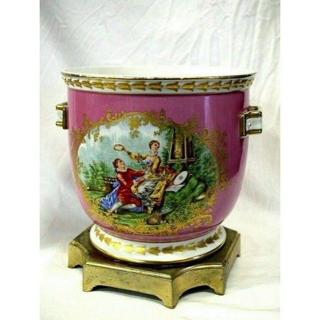 ANTICO VASO PORCELLANA SEVRES PORCELAIN  ROSA ORO SCENA GALANTE CACHEPOT XIXsec 