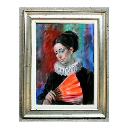 QUADRO DIPINTO Proferio Grossi 1981 ACRILICO TAVOLA IL VENTAGLIO ROSSO DONNA ART