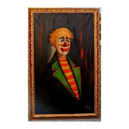 GRANDE ANTICO DIPINTO OLIO TELA Galantini RITRATTO PAGLIACCIO SAD CLOWN CIRCUS  