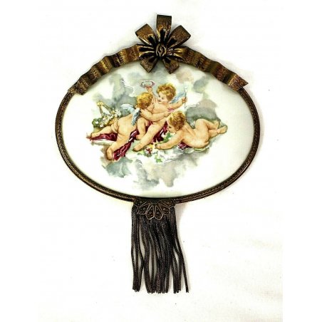 ANTICO OVALE PORCELLANA Limoges COCCARDA CUPIDO PUTTI CHERUBINI FIORI XIX sec