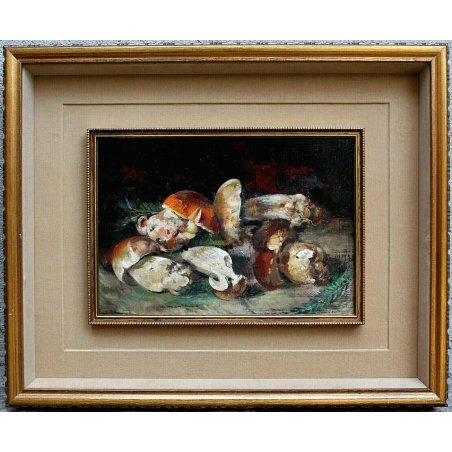 ANTICO QUADRO OLIO TAVOLA Umberto Montini NATURA MORTA FUNGHI PORCINI 1967