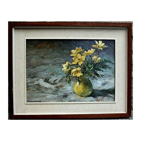DIPINTO QUADRO OLIO TELA Bossone R. R. NATURA MORTA ANEMONI GIALLI FIORI VASO 