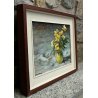 DIPINTO QUADRO OLIO TELA Bossone R. R. NATURA MORTA ANEMONI GIALLI FIORI VASO 