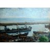 ANTICO QUADRO OLIO Umberto Montini PAESAGGIO MARINA BARCELLONA PORTO NAVI 1956