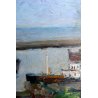ANTICO QUADRO OLIO Umberto Montini PAESAGGIO MARINA BARCELLONA PORTO NAVI 1956