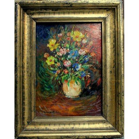ANTICO QUADRO OLIO TAVOLA Umberto Montini NATURA MORTA FIORI VASO IRIS NARCISI
