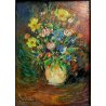 ANTICO QUADRO OLIO TAVOLA Umberto Montini NATURA MORTA FIORI VASO IRIS NARCISI