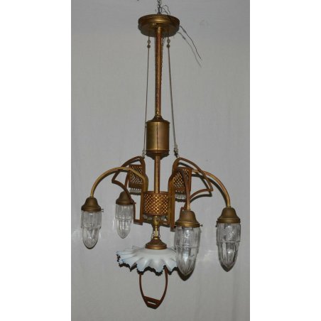 ANTICO LAMPADARIO OTTONE LIBERTY CARRUCOLA VETRO SOFFIATO MURANO HANGING LAMP  