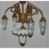 ANTICO LAMPADARIO OTTONE LIBERTY CARRUCOLA VETRO SOFFIATO MURANO HANGING LAMP  