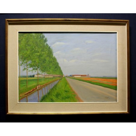 QUADRO PAESAGGIO FIRMATO Coppo OLIO TELA DIPINTO NOVARA CANALE RISAIE EPOCA 