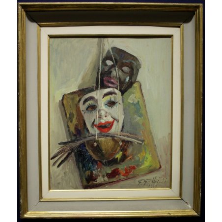 ANTICO QUADRO Giacinto Galbiati NATURA MORTA MASCHERE OLIO TAVOLA 900 CARNEVALE