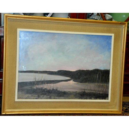 ANTICO QUADRO DIPINTO Giorgio Castagnaro 1976 PAESAGGIO Tramonto Fiume LAGUNA