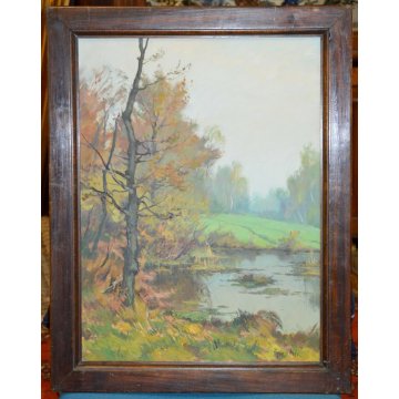 ANTICO QUADRO Giroldi Artino PAESAGGIO LAGO bosco DIPINTO olio tela PIEMONTE art