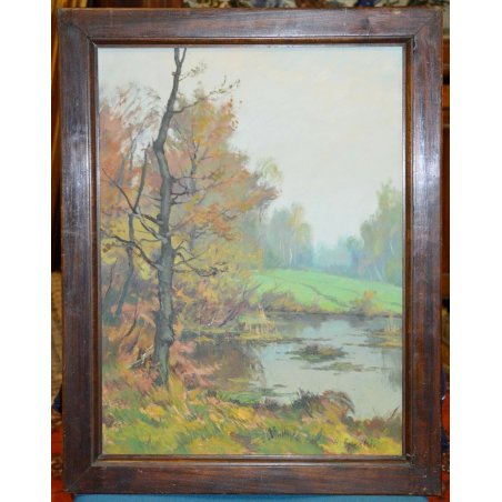 ANTICO QUADRO Giroldi Artino PAESAGGIO LAGO bosco DIPINTO olio tela PIEMONTE art