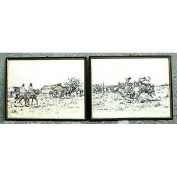 COPPIA QUADRO DIPINTO ACQUERELLO E. Castells Capurro GAUCHO COWBOY HORSES 1950