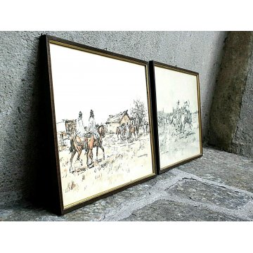 COPPIA QUADRO DIPINTO ACQUERELLO E. Castells Capurro GAUCHO COWBOY HORSES 1950