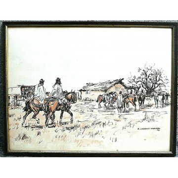 COPPIA QUADRO DIPINTO ACQUERELLO E. Castells Capurro GAUCHO COWBOY HORSES 1950