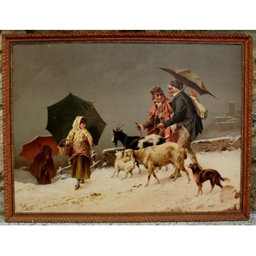 ANTICO QUADRO OLEOGRAFIA STAMPA L.Crosio PASTORI OMBRELLO INVERNO NEVE PAESAGGIO