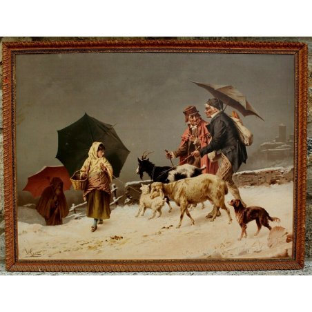 ANTICO QUADRO OLEOGRAFIA STAMPA L.Crosio PASTORI OMBRELLO INVERNO NEVE PAESAGGIO