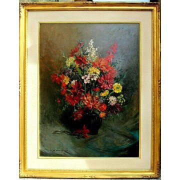 ANTICO QUADRO OLIO TAVOLA Umberto Montini NATURA MORTA FIORI VASO DALIE ZINIE 