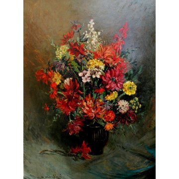 ANTICO QUADRO OLIO TAVOLA Umberto Montini NATURA MORTA FIORI VASO DALIE ZINIE 