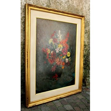 ANTICO QUADRO OLIO TAVOLA Umberto Montini NATURA MORTA FIORI VASO DALIE ZINIE 