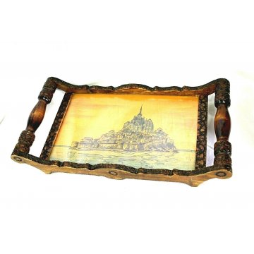 ANTICO VASSOIO PLATEAU TRAY LEGNO INTAGLIATO DIPINTO NORMANDIA Mt. St. Michel  