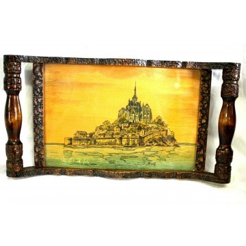 ANTICO VASSOIO PLATEAU TRAY LEGNO INTAGLIATO DIPINTO NORMANDIA Mt. St. Michel  