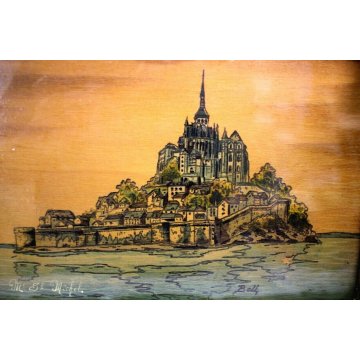 ANTICO VASSOIO PLATEAU TRAY LEGNO INTAGLIATO DIPINTO NORMANDIA Mt. St. Michel  