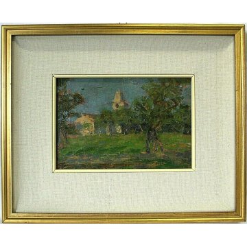 ANTICO QUADRO OLIO TAVOLA G. Pizzirani PAESAGGIO AGRESTE CAMPI CHIESA CAMPANILE