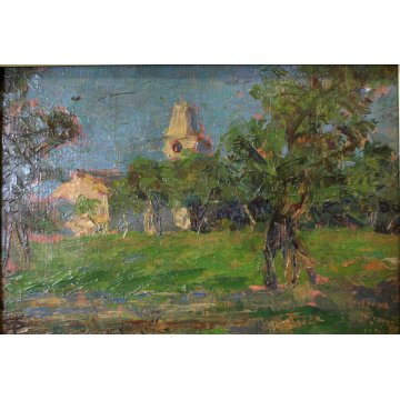 ANTICO QUADRO OLIO TAVOLA G. Pizzirani PAESAGGIO AGRESTE CAMPI CHIESA CAMPANILE