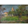 ANTICO QUADRO OLIO TAVOLA G. Pizzirani PAESAGGIO AGRESTE CAMPI CHIESA CAMPANILE