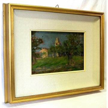 ANTICO QUADRO OLIO TAVOLA G. Pizzirani PAESAGGIO AGRESTE CAMPI CHIESA CAMPANILE