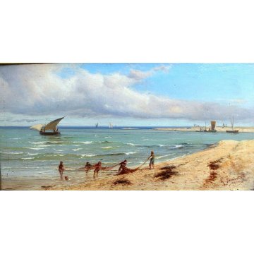 ANTICO QUADRO OLIO TAVOLA Gaetano Fasanotti MARINA PESCATORI RETI BARCHE '800