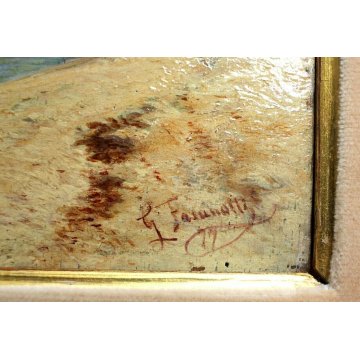 ANTICO QUADRO OLIO TAVOLA Gaetano Fasanotti MARINA PESCATORI RETI BARCHE '800