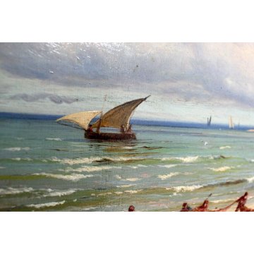 ANTICO QUADRO OLIO TAVOLA Gaetano Fasanotti MARINA PESCATORI RETI BARCHE '800