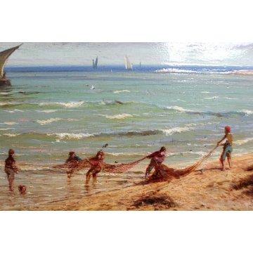 ANTICO QUADRO OLIO TAVOLA Gaetano Fasanotti MARINA PESCATORI RETI BARCHE '800